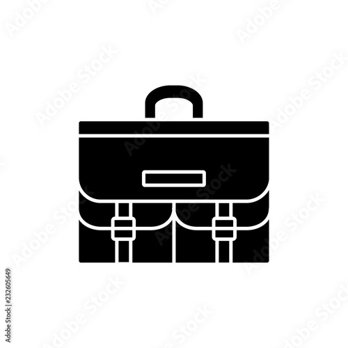 Black & white vector illustration of artist portfolio bag for sketches. Flat icon of backpack with pockets. Technical & mechanical drawing accessory. Isolated object