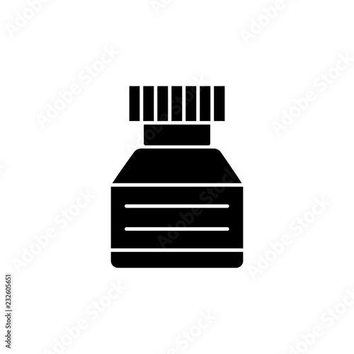 Black & white vector illustration of calligraphy ink in bottle. Flat icon of supply for drafting, lettering, drawing. Isolated object