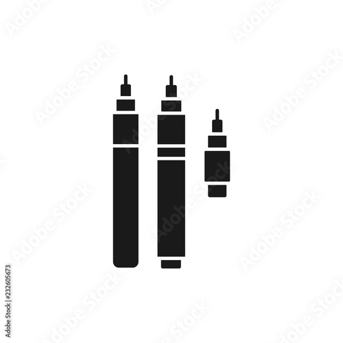 Black & white vector illustration of fineliner pens. Flat icon of ink liners for architect, drafter, engineers. Technical & mechanical drawing tool. Isolated object