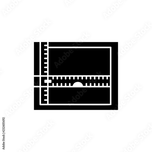 Black & white vector illustration of drawing board with rulers. Flat icon of drafting table for architect, engineer, draftsman. Technical & mechanical drawing tool. Isolated object