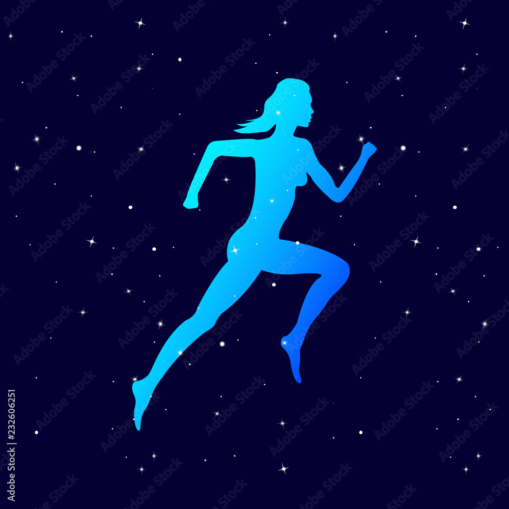 transparent silhouette of a running girl against the starry sky