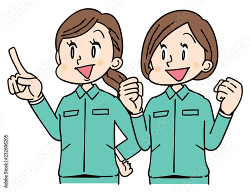 作業着を着た女性グループ