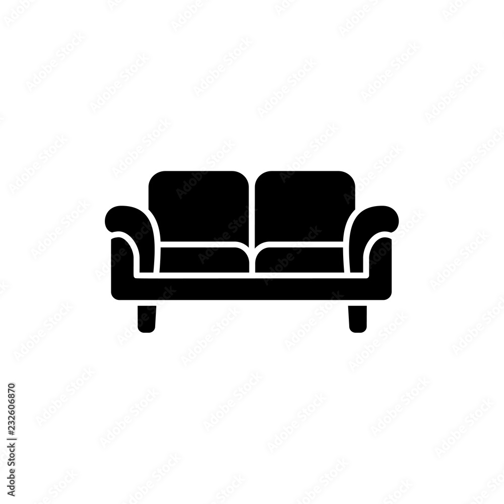 Black & white vector illustration of loveseat. Double sofa. Flat icon of settee. Modern home & office furniture. Isolated object Black & white vector illustration of loveseat. Double sofa. Flat icon of settee. Modern home & office furniture. Isolated object