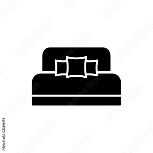 Black & white vector illustration of daybed with headboard pillows. Comfortable sofa. Flat icon of settee. Modern home & office furniture. Isolated object