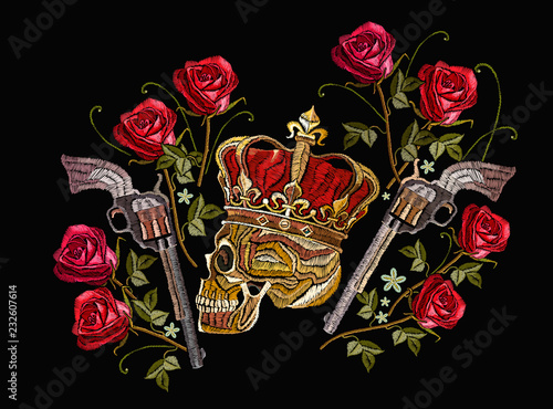 Embroidery skull in crown, crossed guns and roses. Criminal art, king of pirates and revolvers. Template for clothes, textiles, t-shirt design