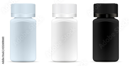 Square medicine bottles. Pharmaceutical containers for pills, capsules, drugs. Medical jar vector mockup. EPS10 illustration.