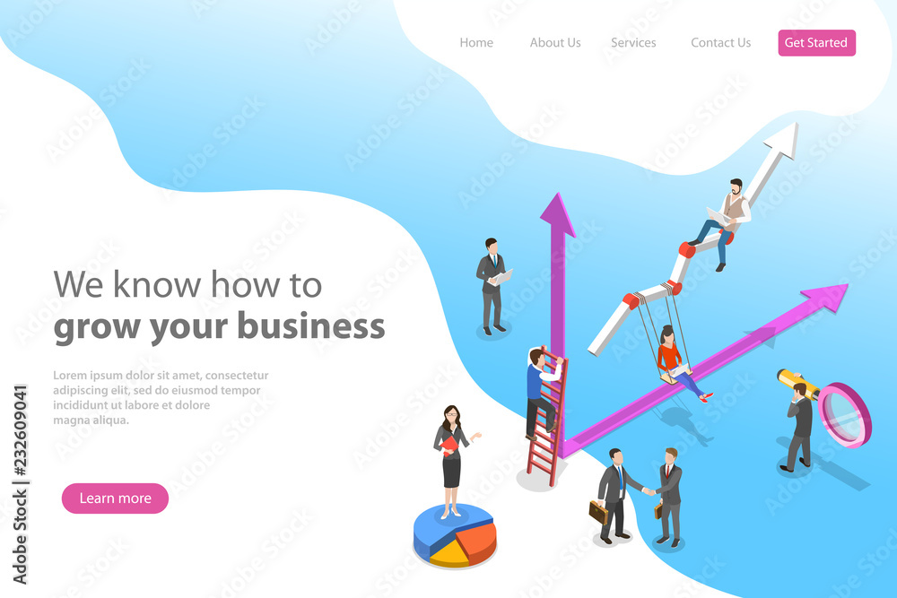 Isometric flat vector landing page template for business growth, increasing efficiency, profit.