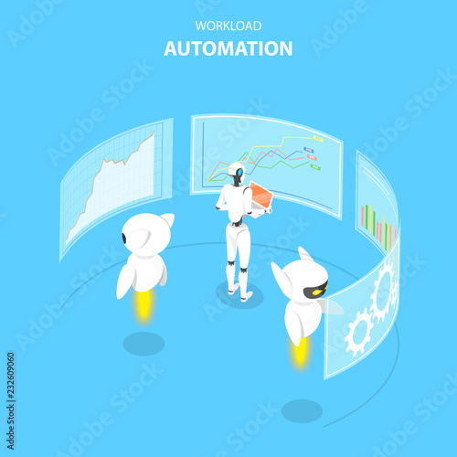 Isometric flat vector concept of workload automation, job scheduling, ai, big data, financial analysis.