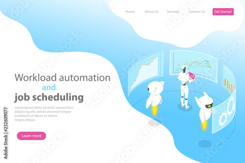 Isometric flat vector landing page template for workload automation, job scheduling, ai, big data, financial analysis.