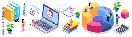Isometric set of people and business icons on a white background. People in the process of work, startups, entrepreneurs, beginning businessmen, freelancers