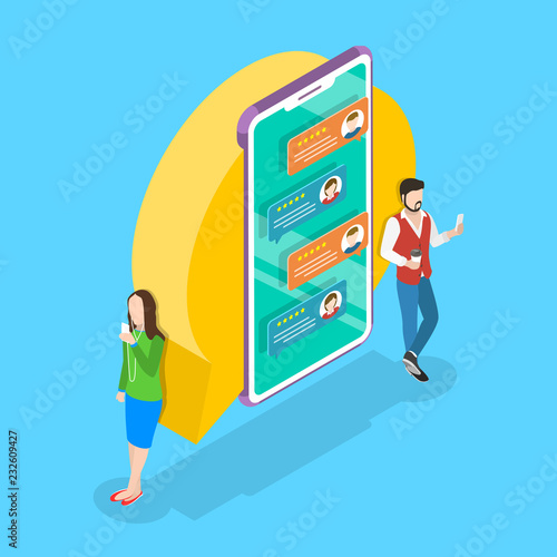 Isometric flat vector concept for online messenger, mobile chatting, instant texting service.