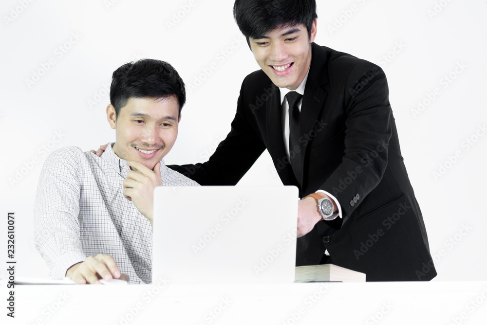 Asian manger businessman and employee salary man has working together with feeling happy and success, isolated on white background. Asian manger businessman and employee salary man has working together with feeling happy and success, isolated on white background.