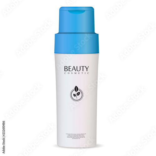 Enzyme Powder Wash cleaner cosmetic bottle with sky blue cap. Vector illustration of plastic container mockup with label for shampoo, butter, cream, liquid soap, shower gel.