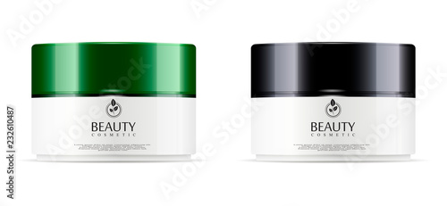 Round white set, plastic jar with black and green glossy lid for cosmetics - body cream, gel, butter, bath salt, skin care, powder. Realistic packaging mockup template. Side view. EPS10 Vector