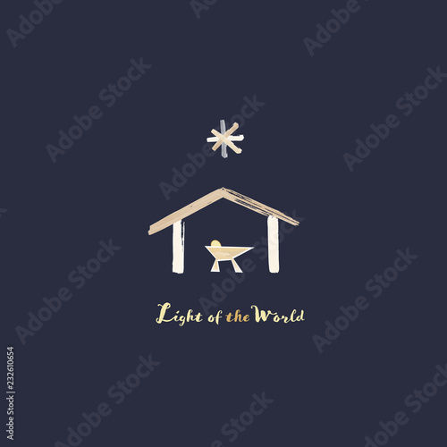 Christmas time. Manger with baby Jesus and star of Bethlehem in watercolor style. Text : Light of the world.