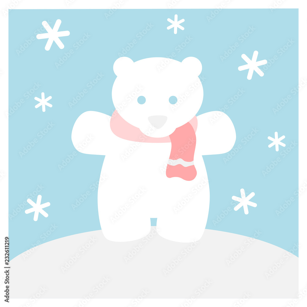 Polar bear with scarf (Winter flat icon set in square frame).