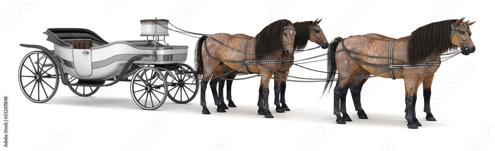 Four horses harnessed to an open carriage. 3d illustration isolated on white Four horses harnessed to an open carriage. 3d illustration isolated on white