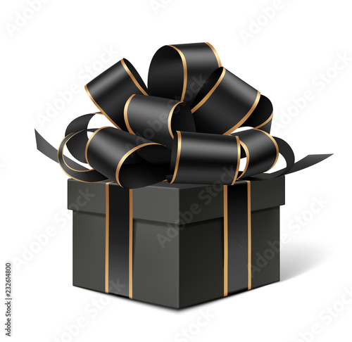 Decorative black gift box with golden bow isolated on white for black friday sale design. Vector illustration