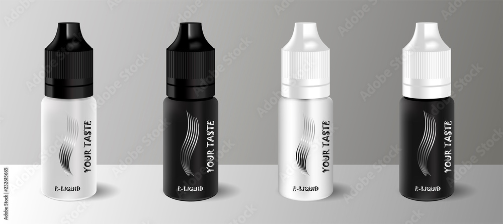 E liquid dropper bottle set in black and white color. Realistic essential oil jar. Mock up container. Cosmetic vial, flask, flacon. Medical bank. - obrazy, fototapety, plakaty 