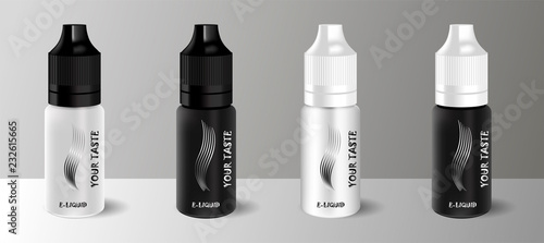 E liquid dropper bottle set in black and white color. Realistic essential oil jar. Mock up container. Cosmetic vial, flask, flacon. Medical bank.