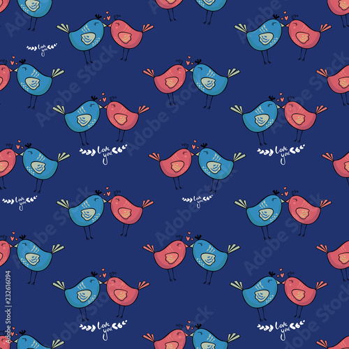 Romantic pattern on a blue background. Colorful doodle bird seamless pattern. Collection of flat hand drawn birds. Cute background for textile print, wrapping paper, wall art design. inscription love