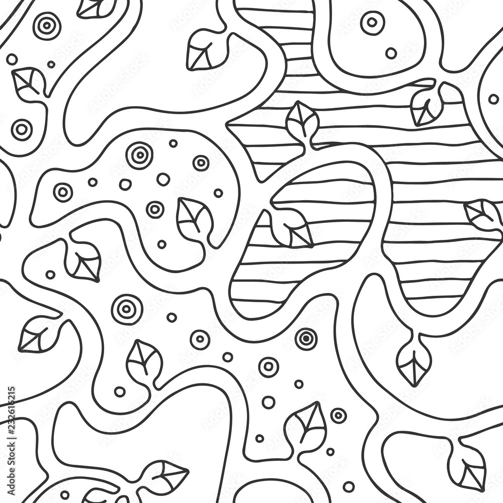 Seamless vector black and white hand drawn pattern with branch, leaves ...