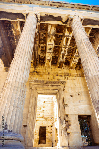 closeup of columns of the ancient Greek Acropolis