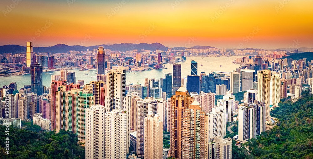 Hong Kong skyline at sunset. Panorama