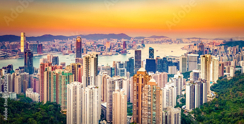 Photography Hong Kong skyline at sunset. Panorama