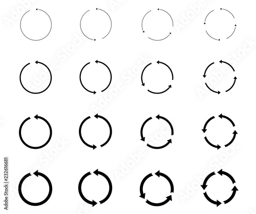 16 arrow pictogram refresh reload rotation loop sign set. circular arrows. Simple web icon on white background. Modern contemporary solid plain flat minimal style. 