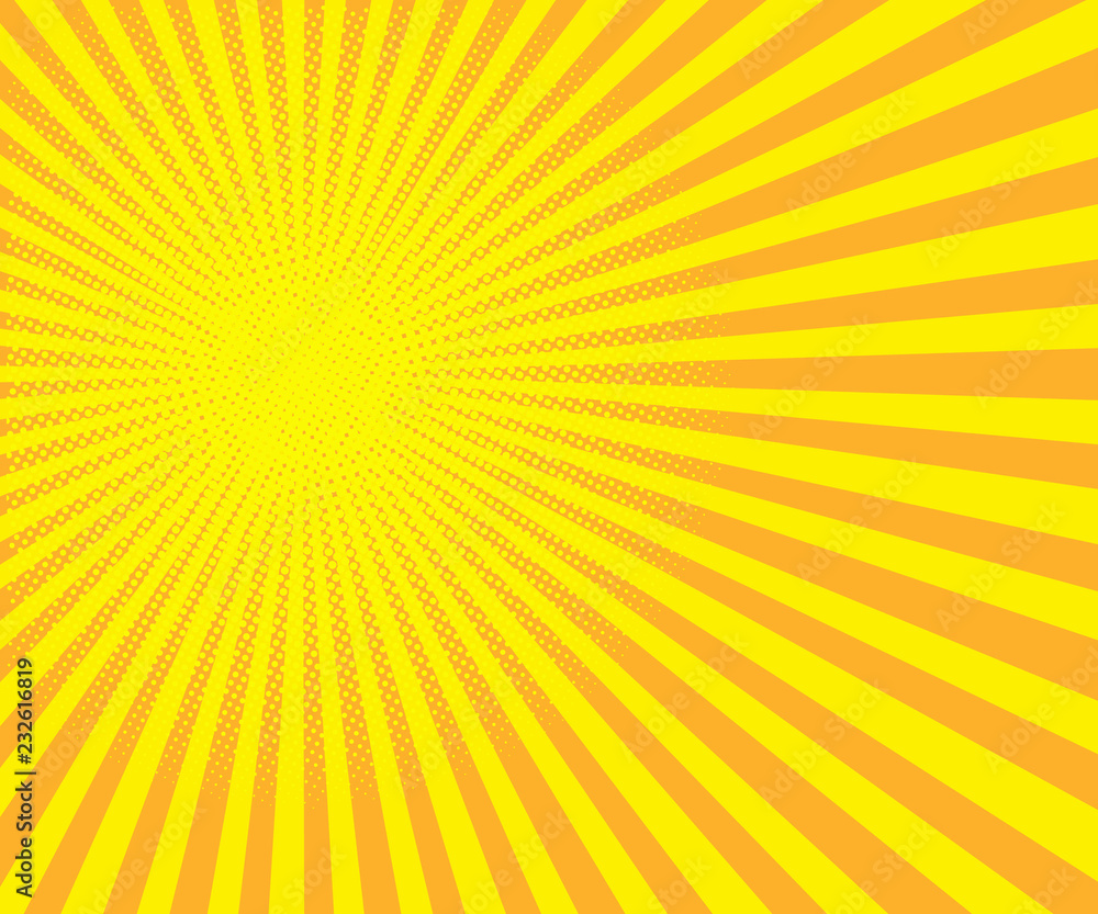 Bright sunbeams background with yellow dots. Abstract background with halftone dots design. Vector illustration. Bright sunbeams background with yellow dots. Abstract background with halftone dots design. Vector illustration.