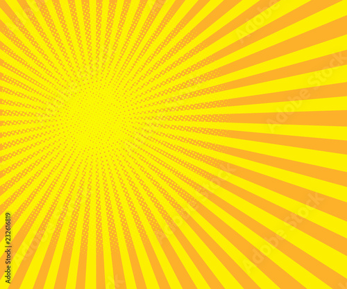 Bright sunbeams background with yellow dots. Abstract background with halftone dots design. Vector illustration.