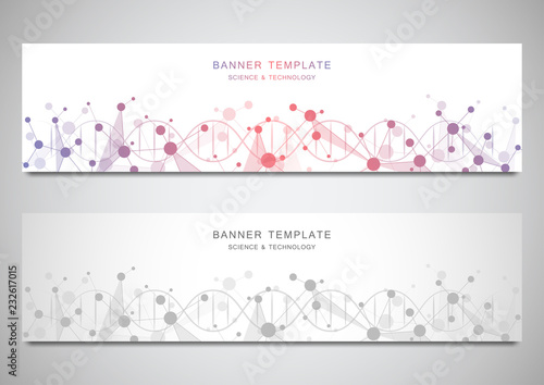 Vector banners and headers for site with DNA strand and molecular structure. Genetic engineering or laboratory research. Abstract geometric texture for medical, science and technology design.