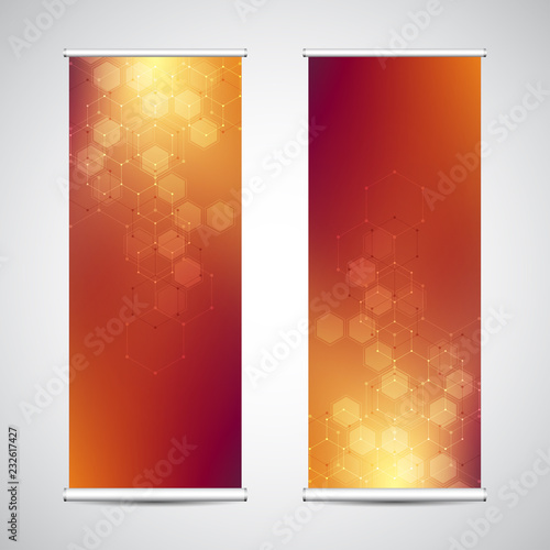 Roll up banner stands with abstract geometric background of hexagons pattern. Hi-tech digital background. Vector illustration for technological or scientific modern design.