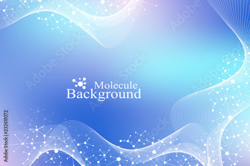 Scientific vector illustration genetic engineering and gene manipulation concept. DNA helix, DNA strand, molecule or atom, neurons. Abstract structure for Science or medical background. Wave flow