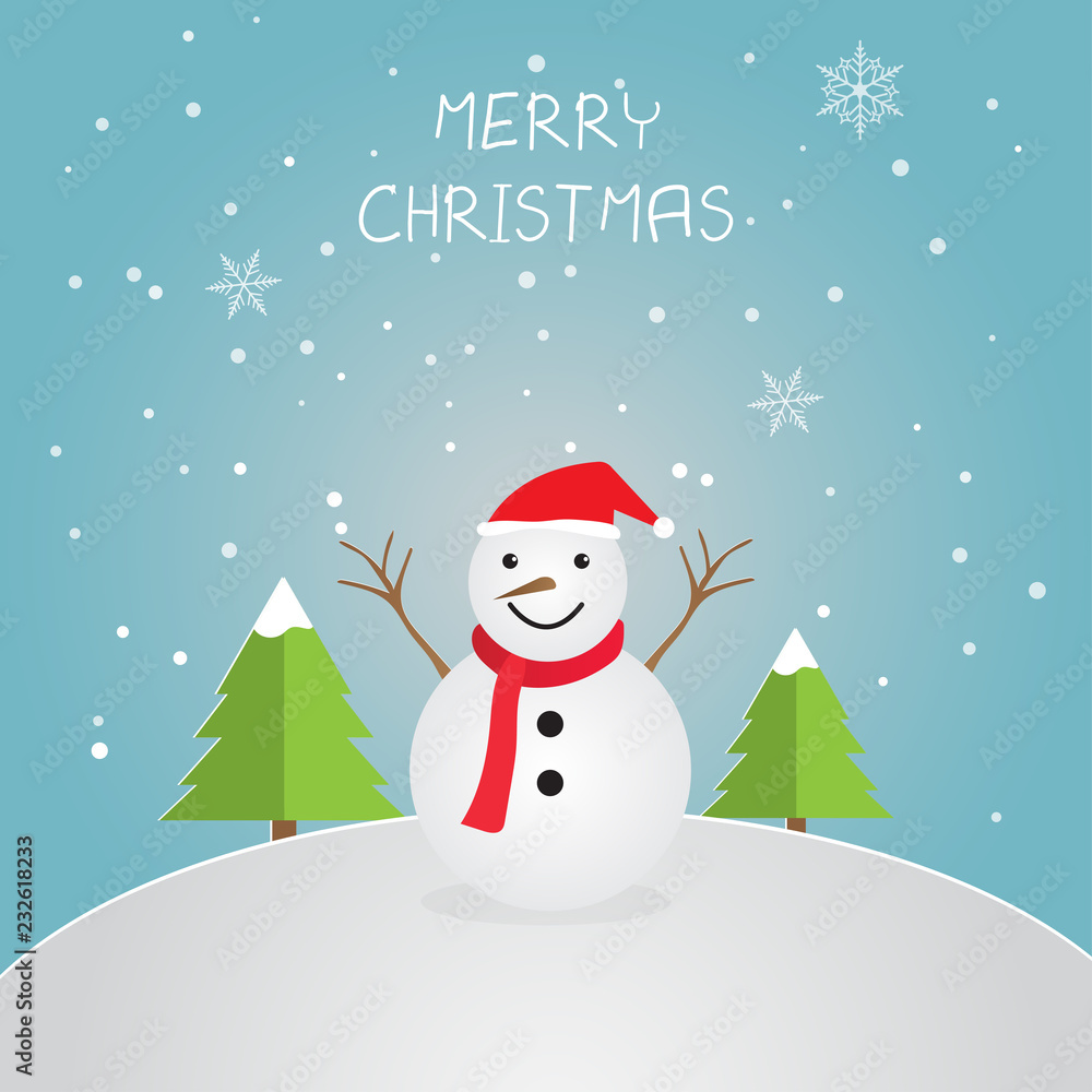 Snowman with pines on winter background, Merry Christmas. Vector illustration Snowman with pines on winter background, Merry Christmas. Vector illustration