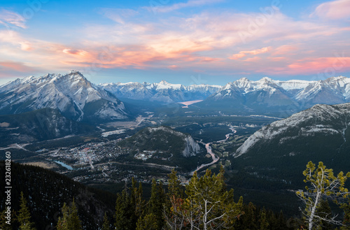 Sunset skyline of town of Banff and Bow valley, view from Gondola Sulphur Mountain at Banff National Park in Alberta, Canada.