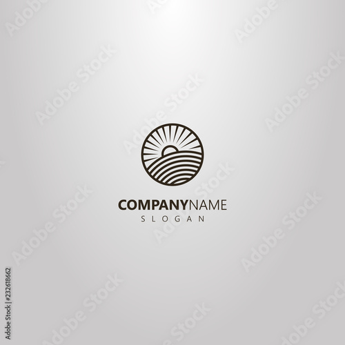 black and white simple vector line art round logo of sun rising over a field