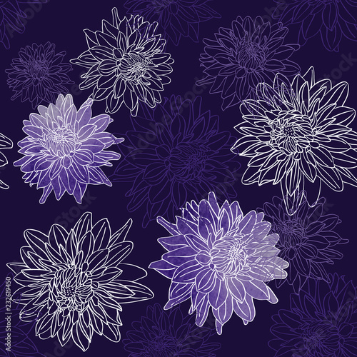 Watercolor and outline dahlia flowers pattern