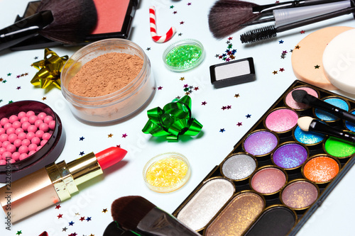 Christmas - New Year make-up cosmetics and accessories close-up