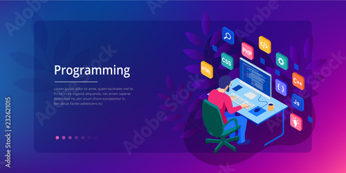 Isometric programmer coding new project. Web developer, programming concept. Landing page or mobile website development template.