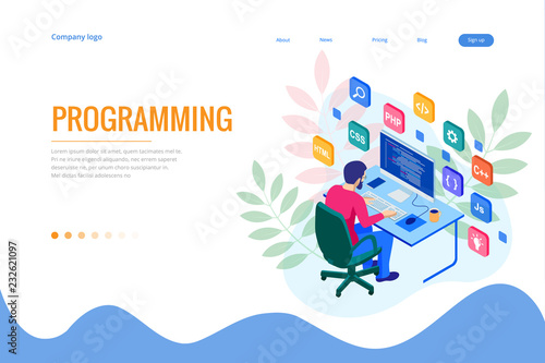 Isometric programmer coding new project. Web developer, programming concept. Landing page or mobile website development template.