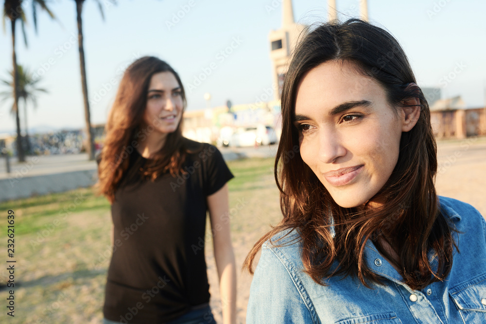 Attractive brunette girl smiling away over unfocused brunette gi Attractive brunette girl smiling away over unfocused brunette gi