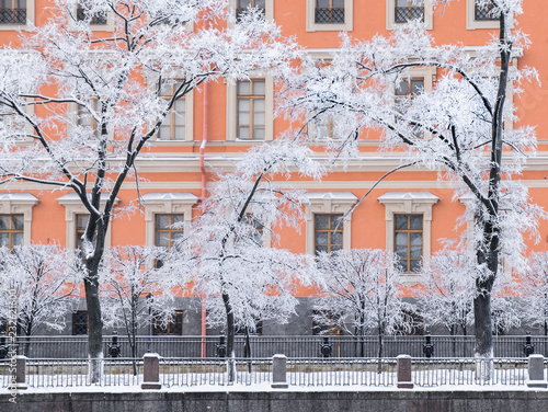 Frost on the trees near the Mikhailovsky (Engineering) Castle in St. Petersburg in the winter. Beautiful Christmas cityscape.