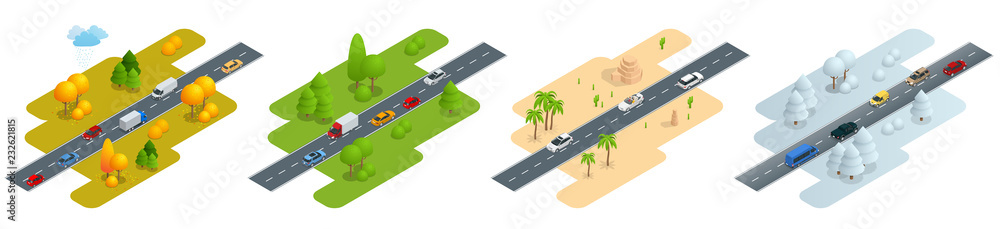 Naklejka premium Cztery zdjęcia izometryczne Droga z samochodami jesienią, latem, droga na pustyni i droga zimą.