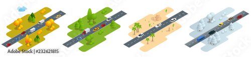 Four isometric pictures Road with cars in autumn, summer, a road in the desert and road in winter.