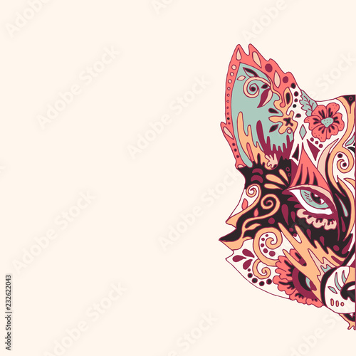 Wild beautiful fox head hand draw on a white background. Color book. Fashion in a vector illustration