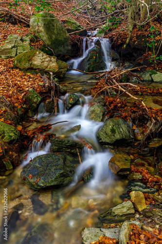 stream flows down from the mountain in Santa fe del Montseny forest
