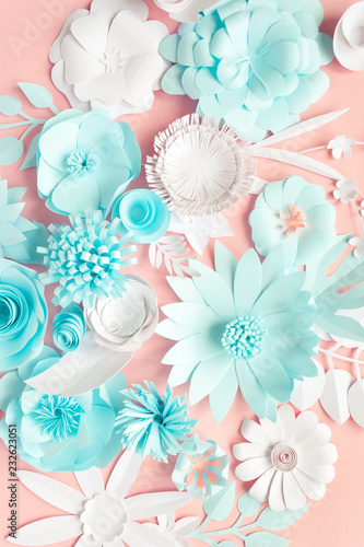 blue  pink and white paper flowers on pink background