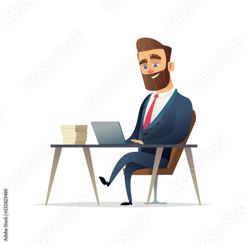 Bearded cheerful businessman sits and works at his workplace. Manager working on a laptop